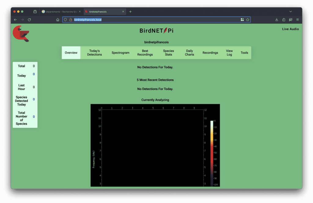 Birdnet Pi sans données. Les chants d'oiseaux vont bientôt y apparaitre.